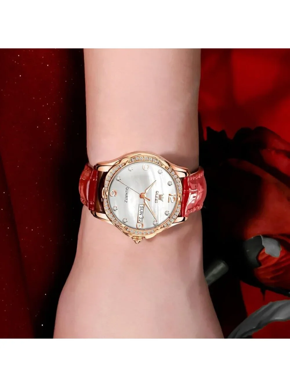 Women's Red-Leather Rose Gold Ceramic Two Tone Ladies Casual Watch Day Date Gift